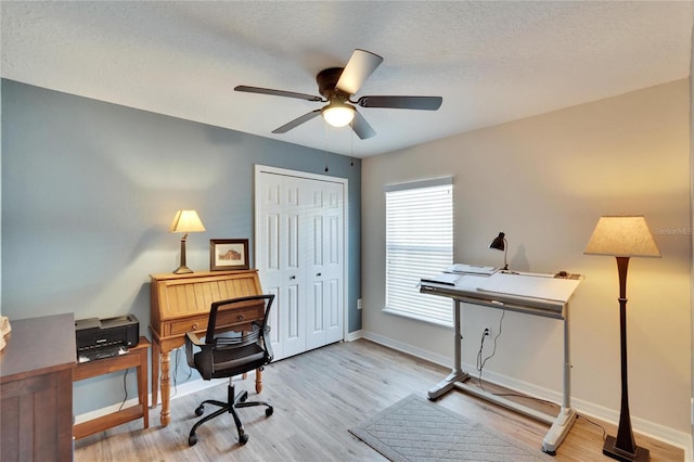 office space with a textured ceiling, light hardwood / wood-style flooring, and ceiling fan