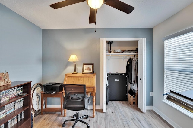 home office featuring light hardwood / wood-style floors and ceiling fan