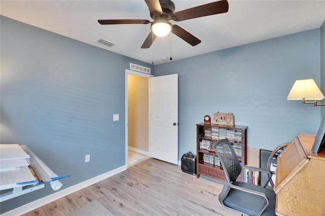 office space with ceiling fan and light wood-type flooring