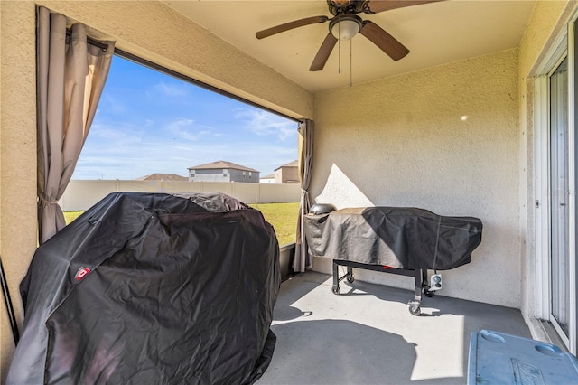 view of patio / terrace featuring ceiling fan, grilling area, and a fenced backyard