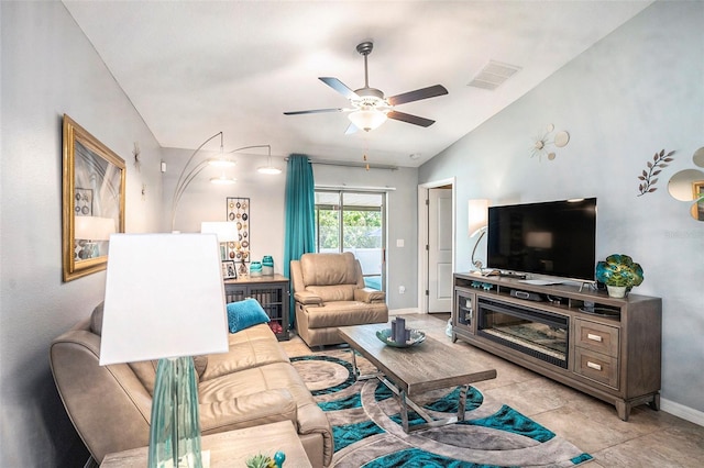 living room with lofted ceiling and ceiling fan