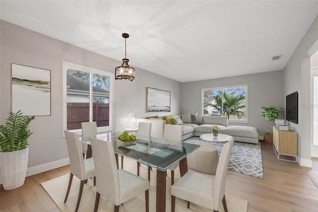 dining room with an inviting chandelier, a wealth of natural light, light hardwood / wood-style flooring, and a textured ceiling