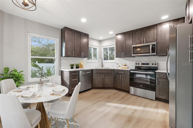 kitchen with appliances with stainless steel finishes, sink, backsplash, and light hardwood / wood-style flooring