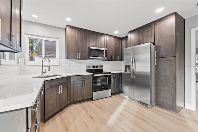 kitchen featuring sink, decorative backsplash, dark brown cabinetry, stainless steel appliances, and light hardwood / wood-style flooring