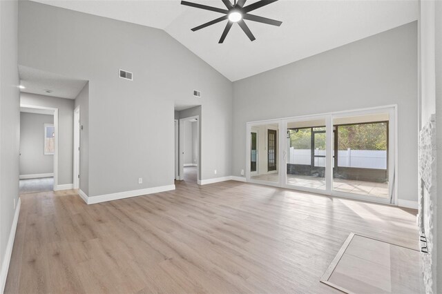 unfurnished living room with high vaulted ceiling, ceiling fan, and light wood-type flooring