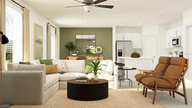 carpeted living room featuring ceiling fan