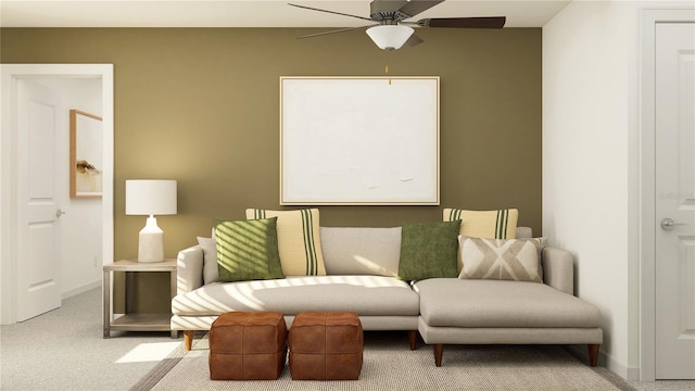 sitting room with light carpet and ceiling fan