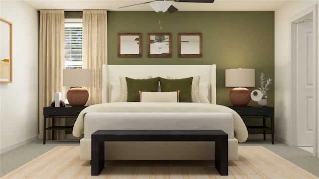 bedroom with light carpet and ceiling fan