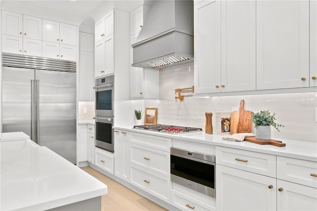 kitchen featuring white cabinetry, decorative backsplash, custom range hood, and appliances with stainless steel finishes