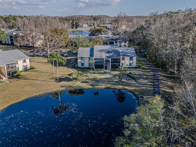 drone / aerial view with a water view