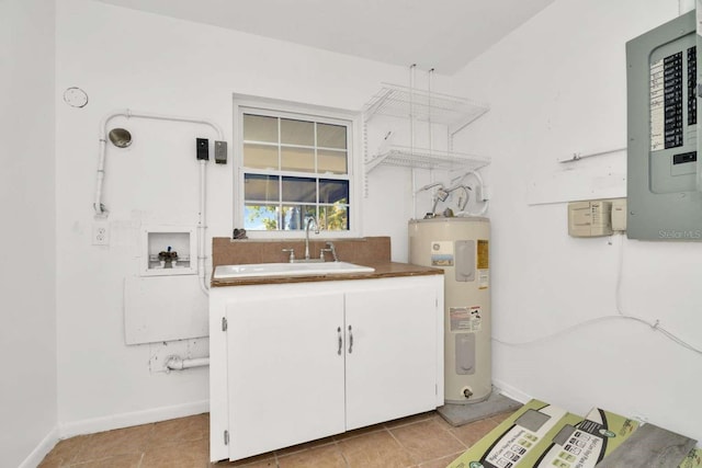 clothes washing area featuring sink, light tile patterned floors, electric panel, hookup for a washing machine, and water heater