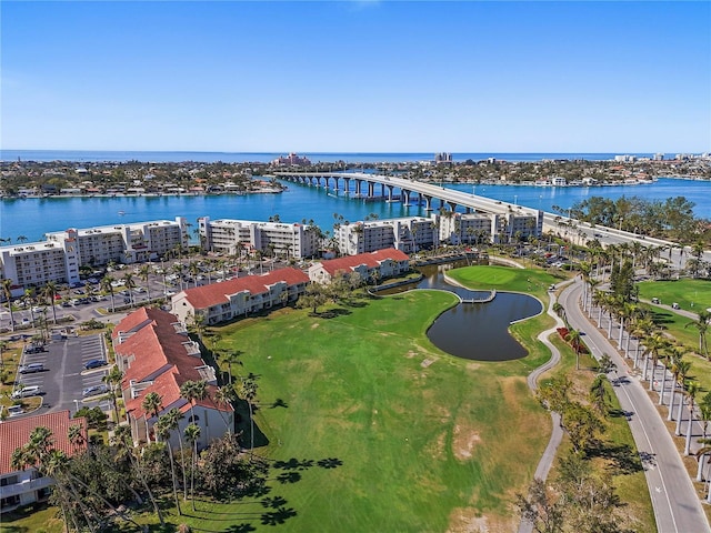 bird's eye view with a water view