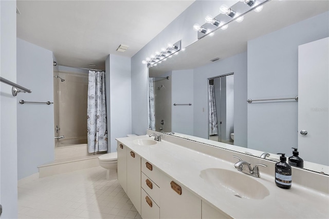 full bathroom with shower / bathtub combination with curtain, vanity, toilet, and tile patterned flooring