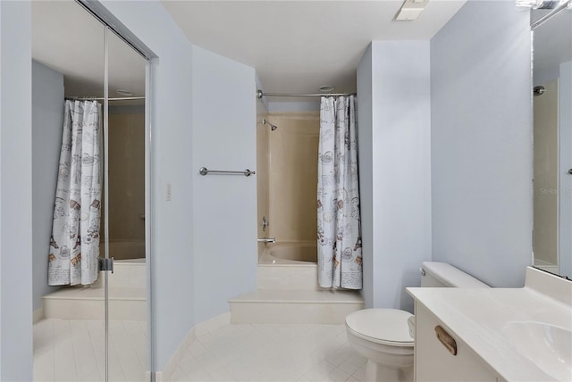 full bathroom with tile patterned flooring, shower / bath combo, vanity, and toilet