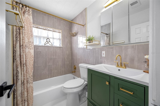 full bathroom with shower / tub combo with curtain, tile walls, backsplash, vanity, and toilet