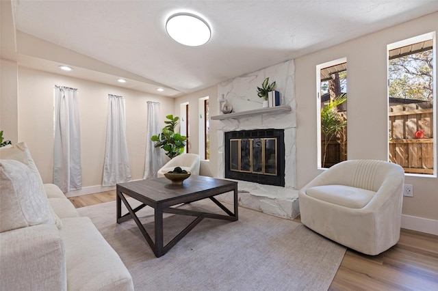 living room with a fireplace and light hardwood / wood-style flooring