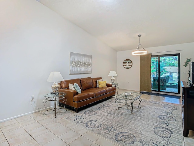 tiled living room with lofted ceiling