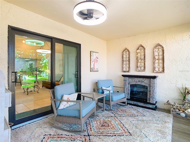 interior space with hardwood / wood-style floors and a fireplace