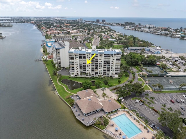 bird's eye view with a water view