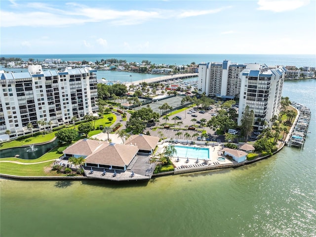 aerial view featuring a water view