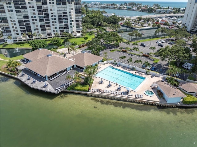 aerial view featuring a water view