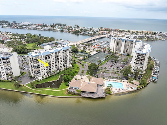 drone / aerial view featuring a water view