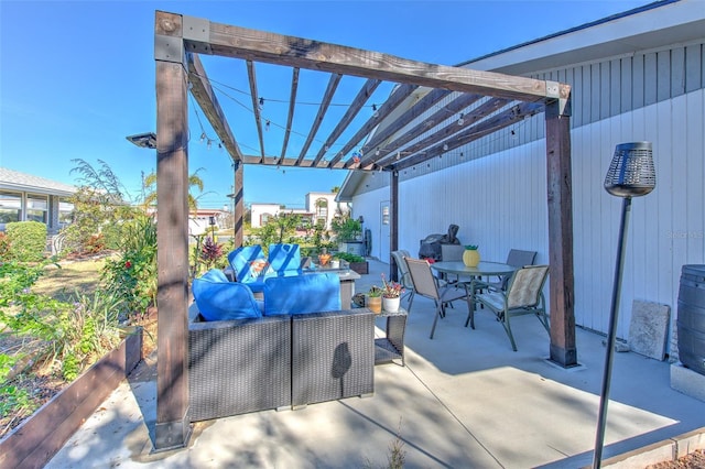 view of patio / terrace featuring outdoor lounge area, outdoor dining area, and a pergola