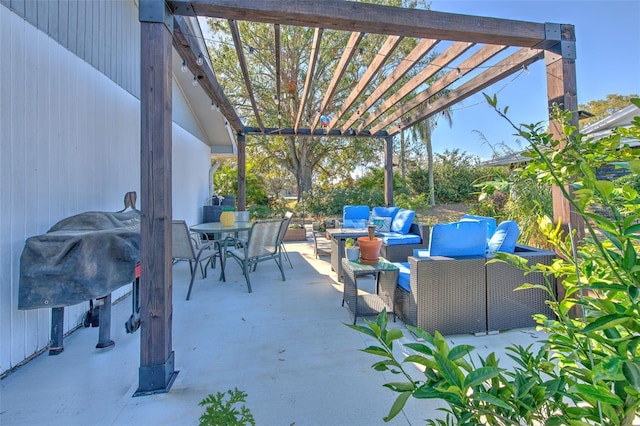 view of patio / terrace with an outdoor hangout area, outdoor dining area, and a pergola