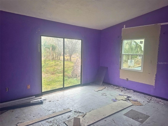 empty room featuring lofted ceiling and a textured ceiling