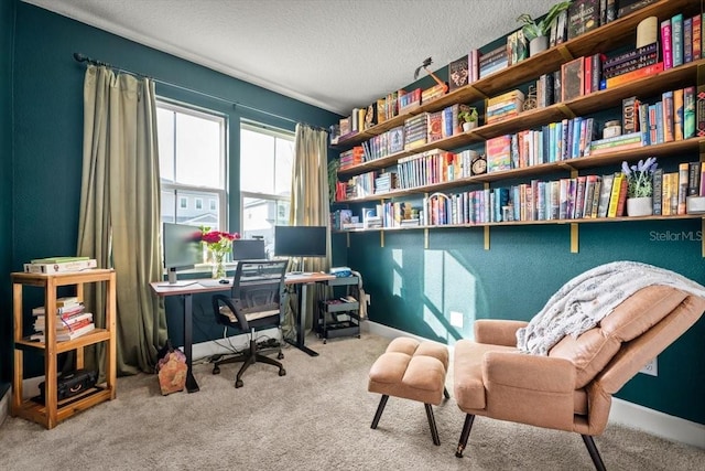 office area featuring light colored carpet and a textured ceiling