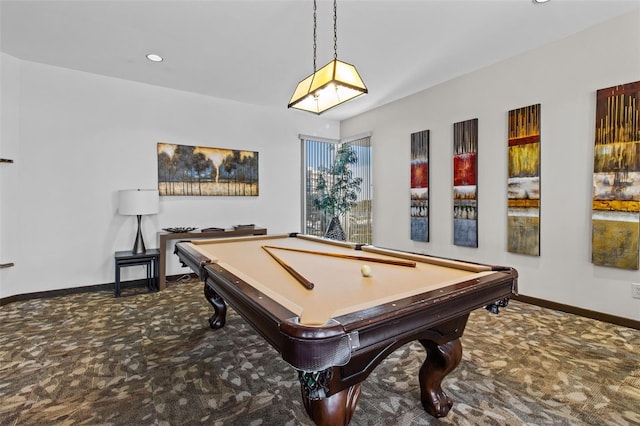 recreation room with carpet and pool table