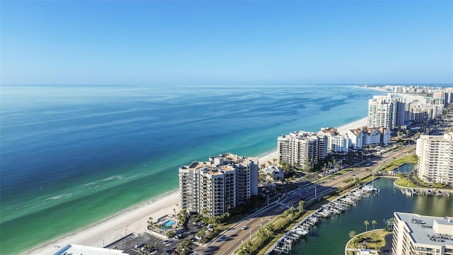 drone / aerial view with a water view and a view of the beach