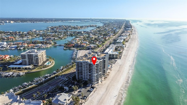 drone / aerial view with a view of the beach and a water view