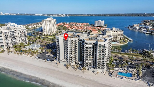 birds eye view of property featuring a water view