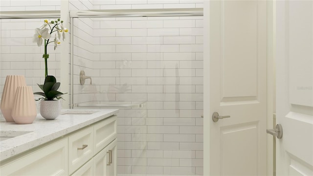 bathroom with vanity and tile walls