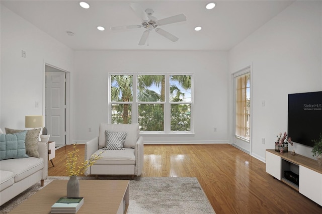 living room with ceiling fan and wood-type flooring