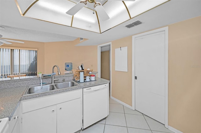 kitchen featuring ceiling fan, dishwasher, sink, and white cabinets