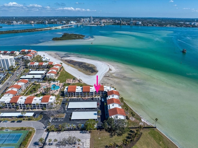 aerial view featuring a beach view and a water view