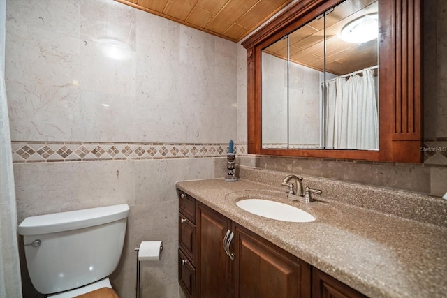 bathroom featuring tile walls, vanity, toilet, wooden ceiling, and a shower with curtain