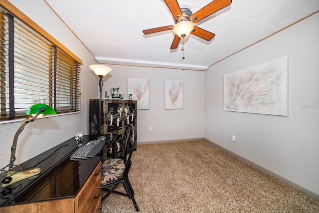 office space featuring carpet flooring and ceiling fan