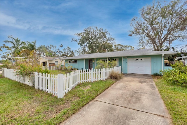 ranch-style house featuring a fenced front yard, a front yard, concrete driveway, and an attached garage