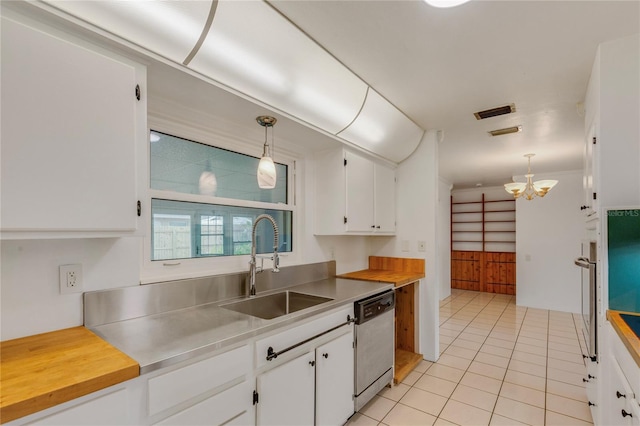 kitchen featuring white cabinets, appliances with stainless steel finishes, decorative light fixtures, stainless steel counters, and a sink