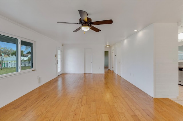 unfurnished room with recessed lighting, ceiling fan, and light wood finished floors