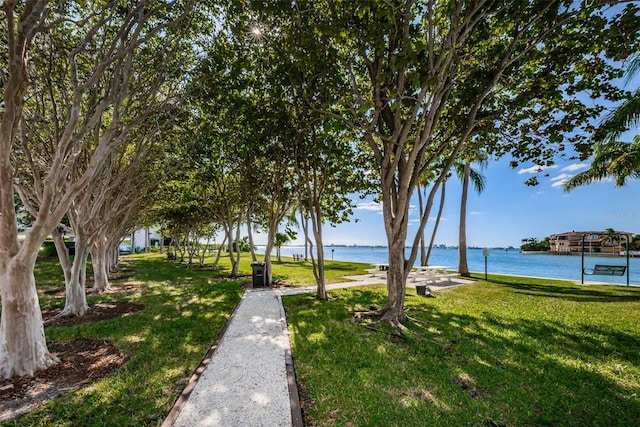 view of home's community with a water view and a yard