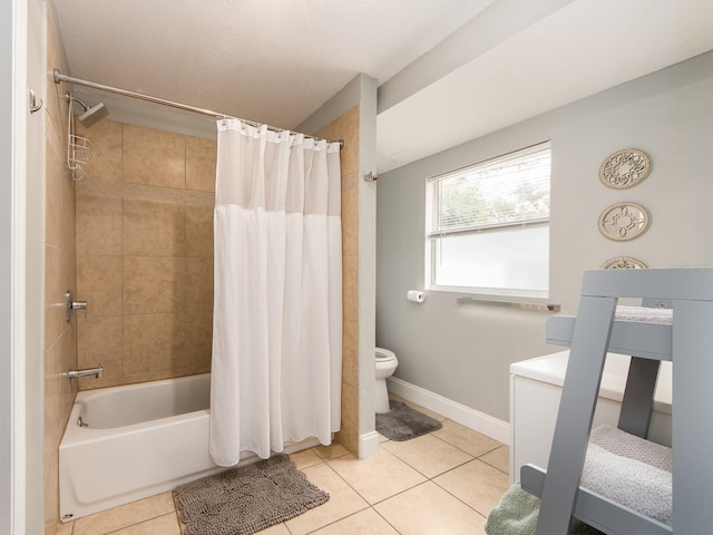 bathroom with tile patterned flooring, toilet, and shower / bath combination with curtain