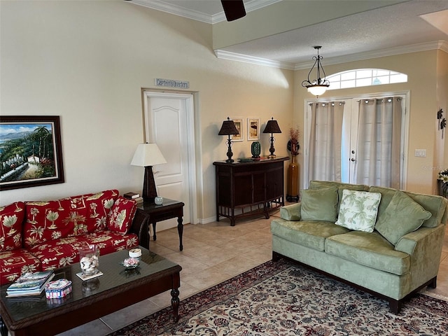 living room with tile patterned floors and ornamental molding