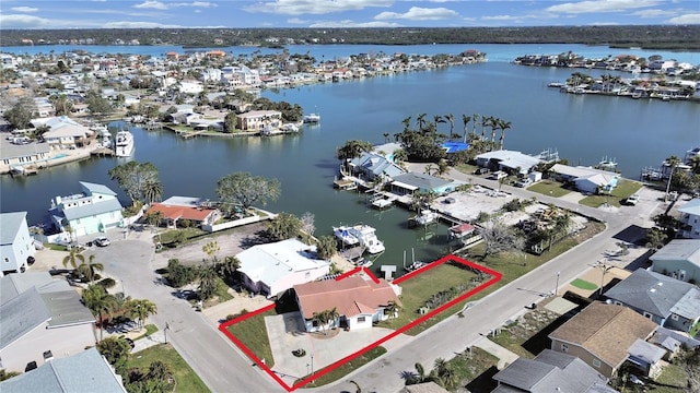 aerial view featuring a water view