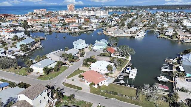 bird's eye view with a water view