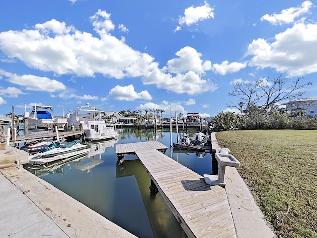 dock area with a yard and a water view