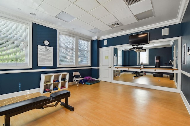 workout area featuring plenty of natural light, crown molding, baseboards, and wood finished floors